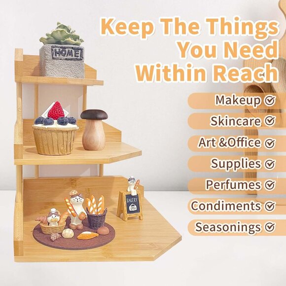 Bamboo Spice Rack Corner Shelves-3 Tier Standing Pantry Shelf - Picture 6 of 6